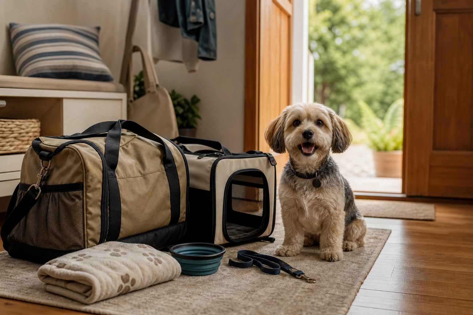 Cachorro pequeno ao lado de bolsa de viagem, caixa de transporte e itens organizados para sair.
