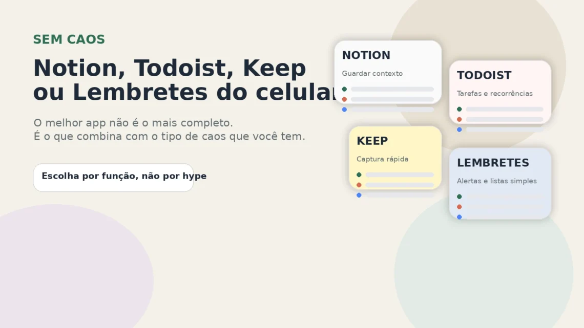 Capa do Sem Caos comparando Notion, Todoist, Google Keep e Lembretes do celular para organização da vida real.