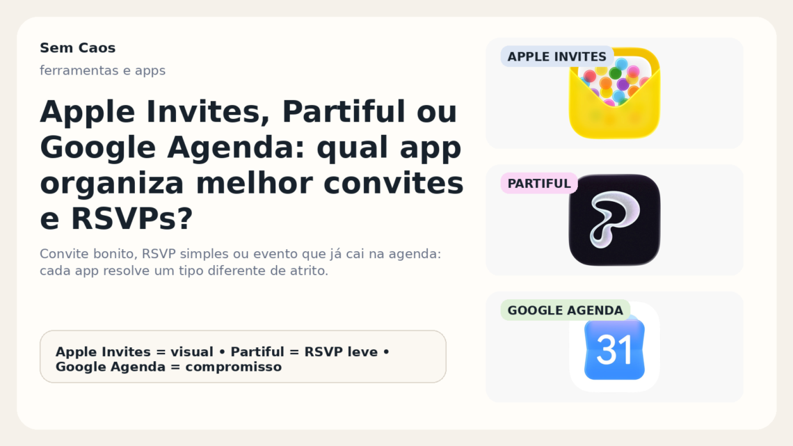 Capa do Sem Caos comparando Apple Invites, Partiful e Google Agenda para organizar convites e RSVPs.