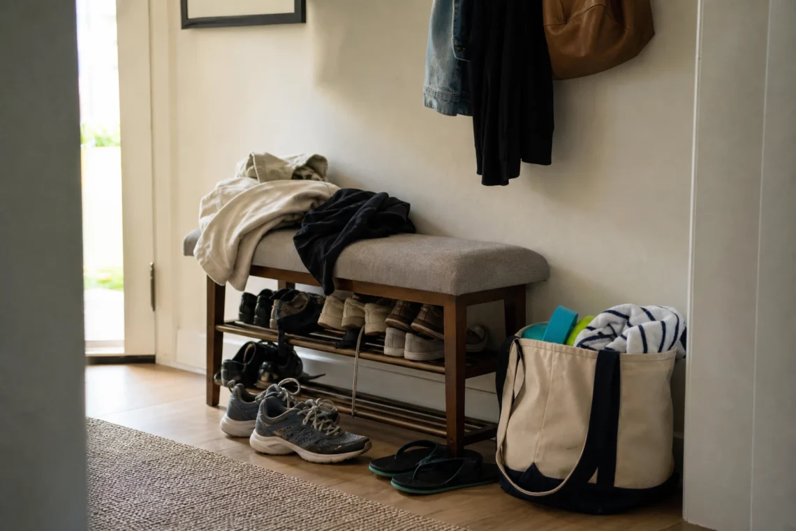 Banco sapateira e ganchos na entrada de um apartamento, com bolsa e calçados de uso diário organizados em uma drop zone simples.