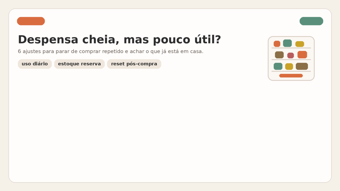 Capa editorial sobre despensa cheia, mas pouco útil, com foco em compras repetidas.
