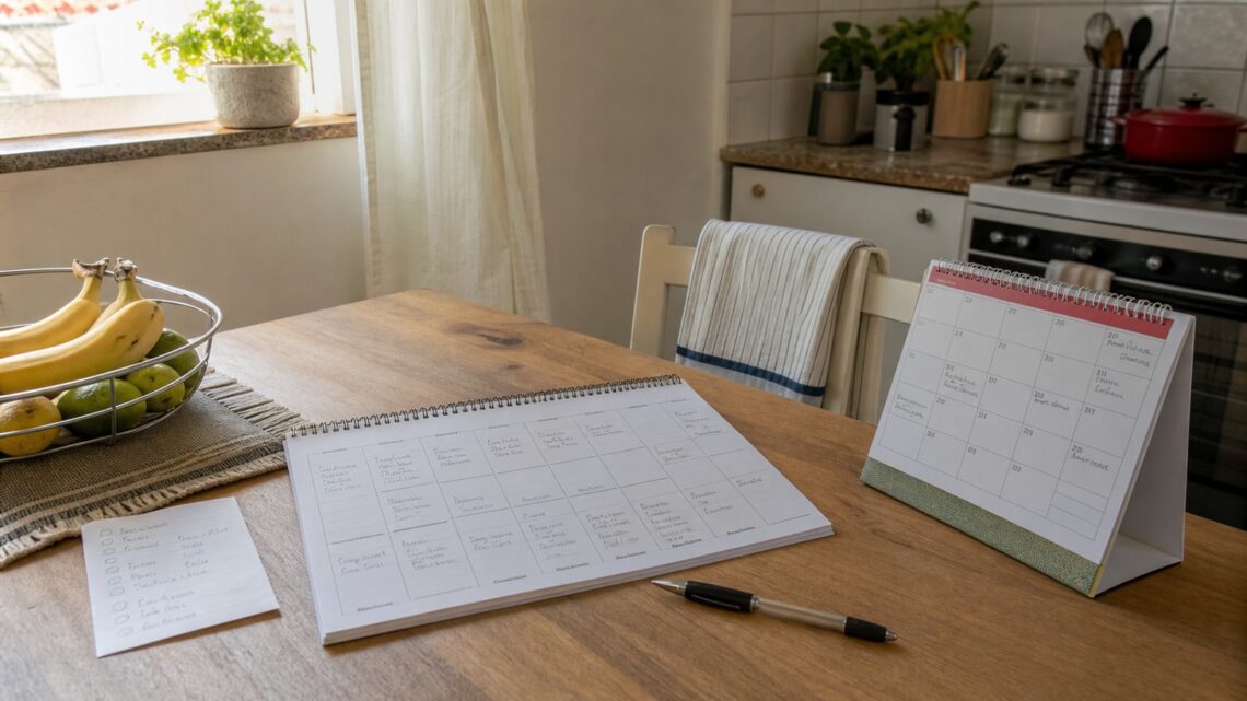 Mesa de casa com planner semanal simples, caneta e apoio visual para organizar a semana sem lotar a agenda.
