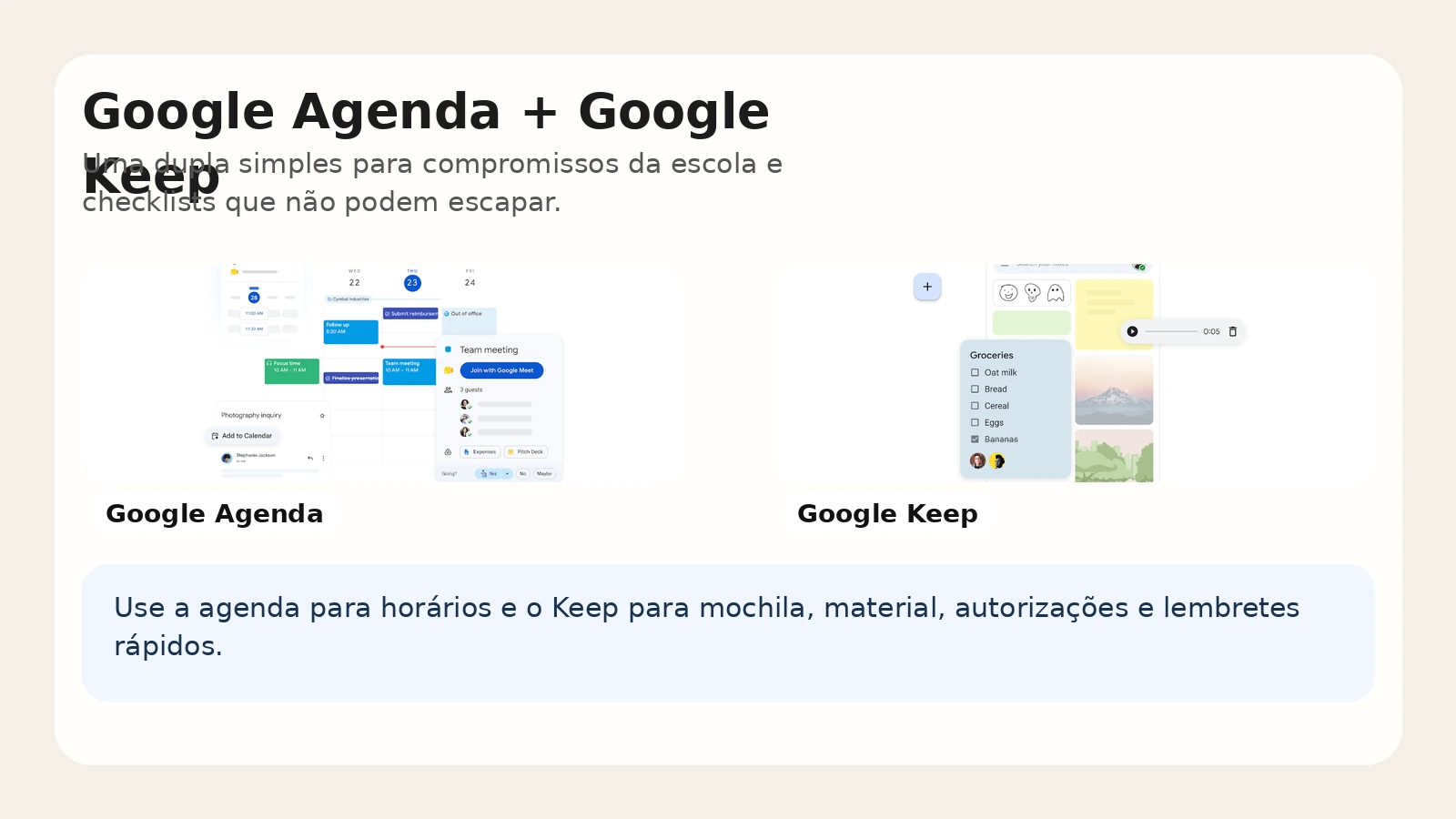 Google Agenda e Google Keep como base simples para organizar compromissos e checklists da escola