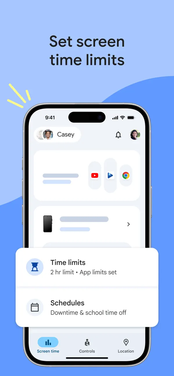 Tela do Google Family Link mostrando supervisão do celular infantil com tempo de tela e aprovações de apps.