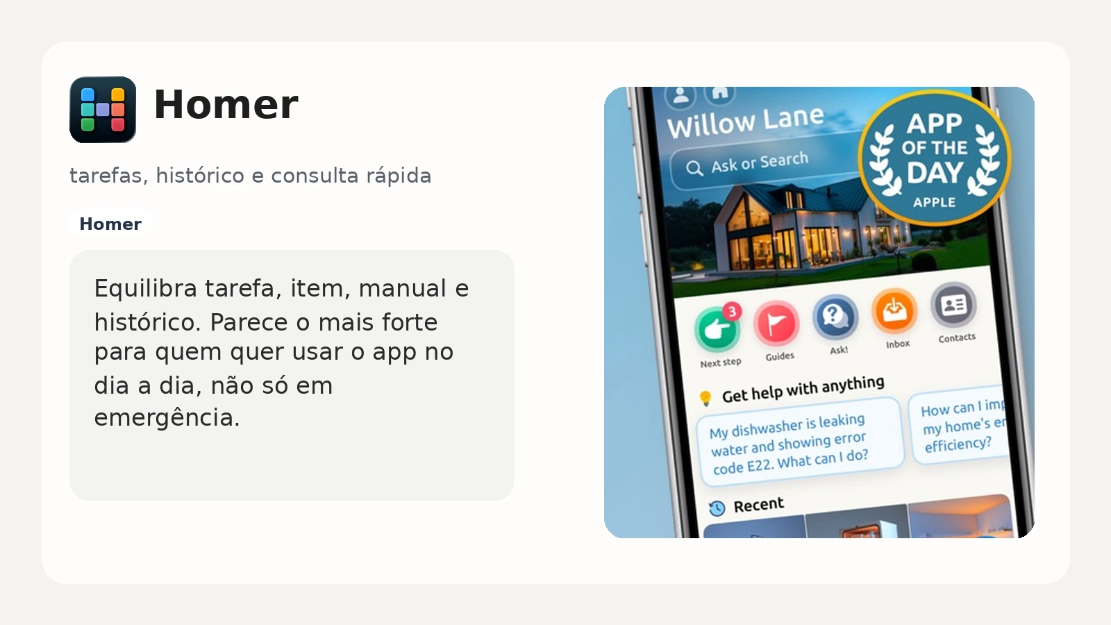 Tela do Homer mostrando painel da casa, tarefas e registros organizados no celular.