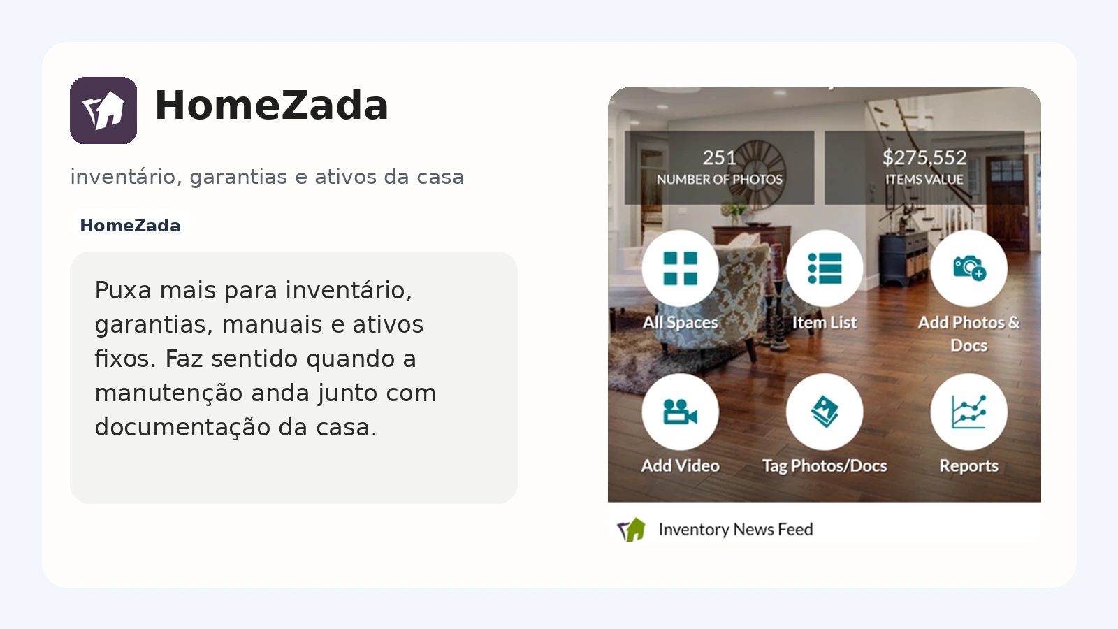 Tela do HomeZada mostrando inventário e organização de espaços da casa no celular.