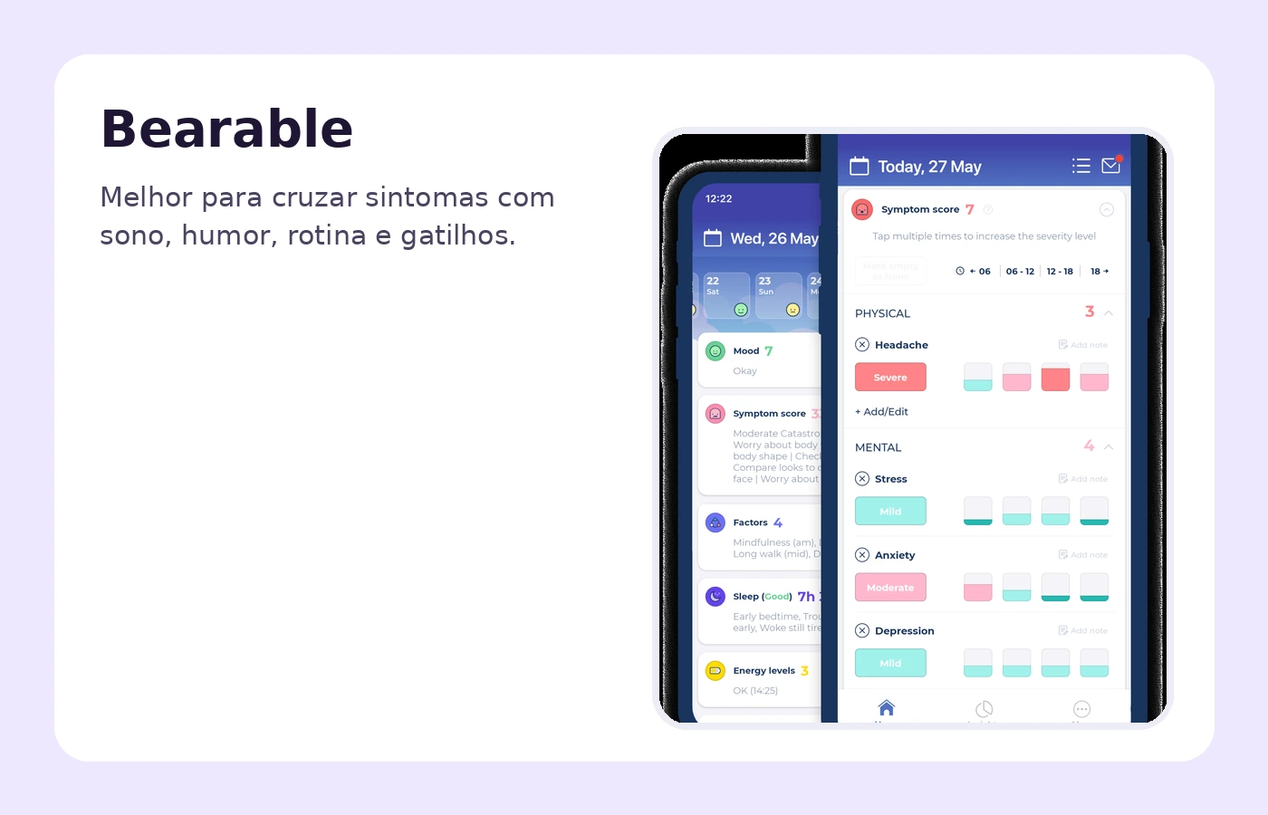 Tela oficial do Bearable mostrando acompanhamento de sintomas e fatores do dia a dia.