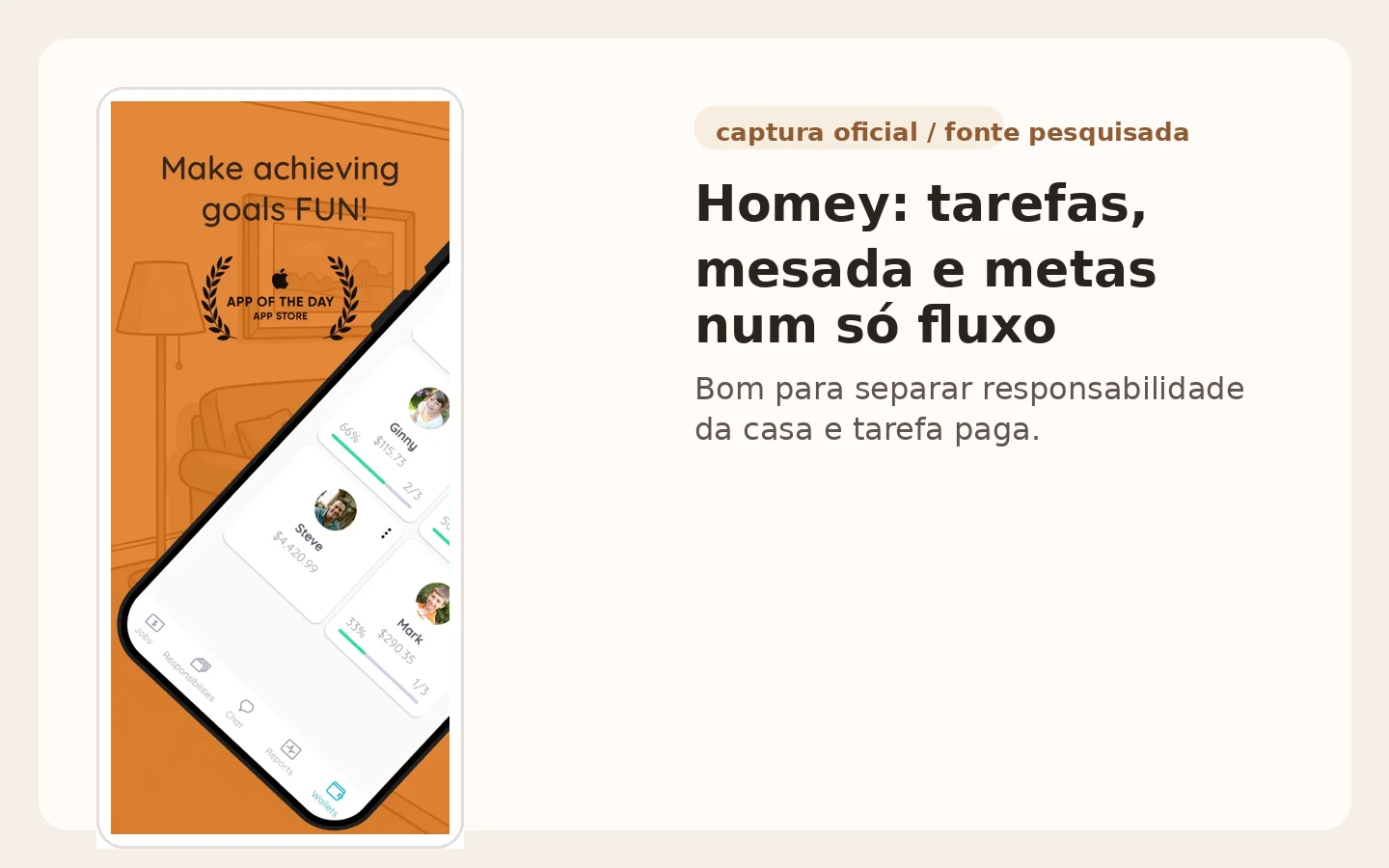 Tela do Homey mostrando tarefas das crianças, controle de valores e metas de economia.