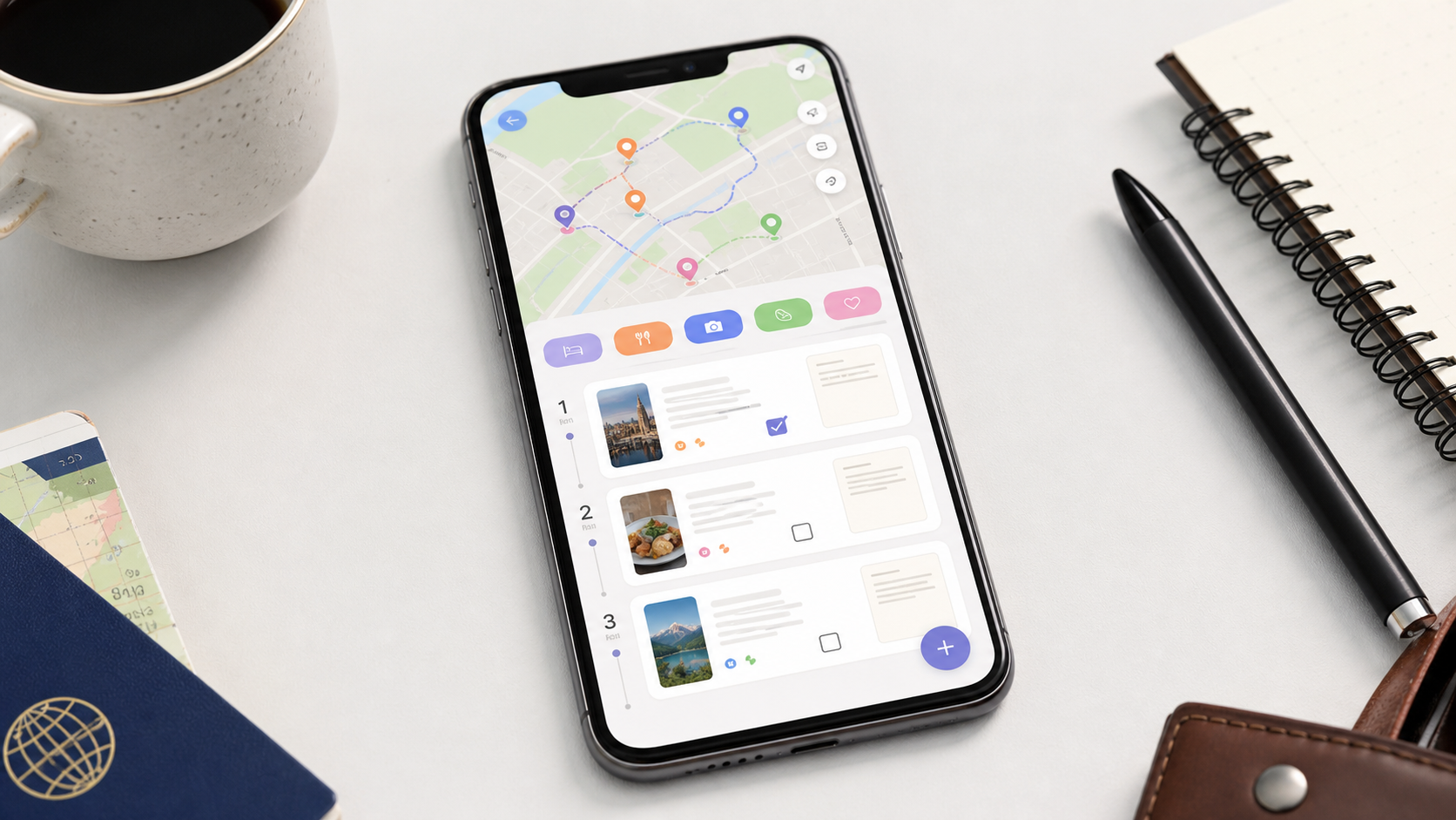 Interface do Wanderlog com mapa e lugares salvos para uma viagem.