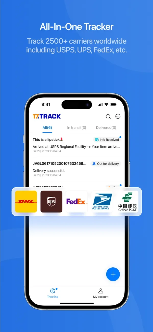Tela do 17TRACK exibindo rastreamento de pacotes com múltiplas transportadoras.