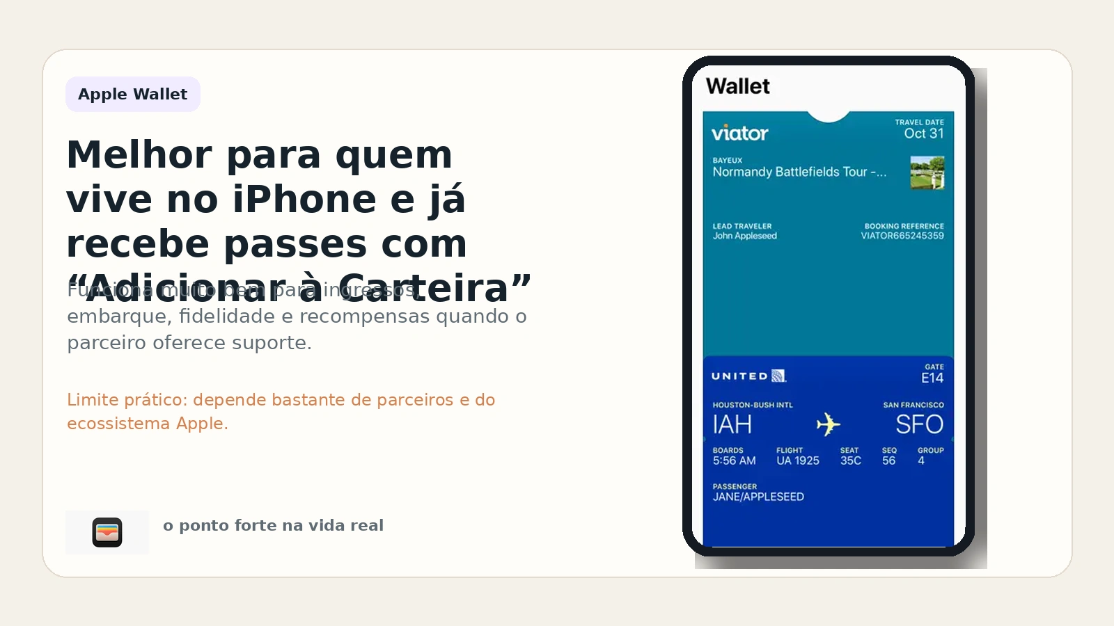 Imagem editorial do Apple Wallet mostrando uso para ingressos e fidelidade no iPhone.