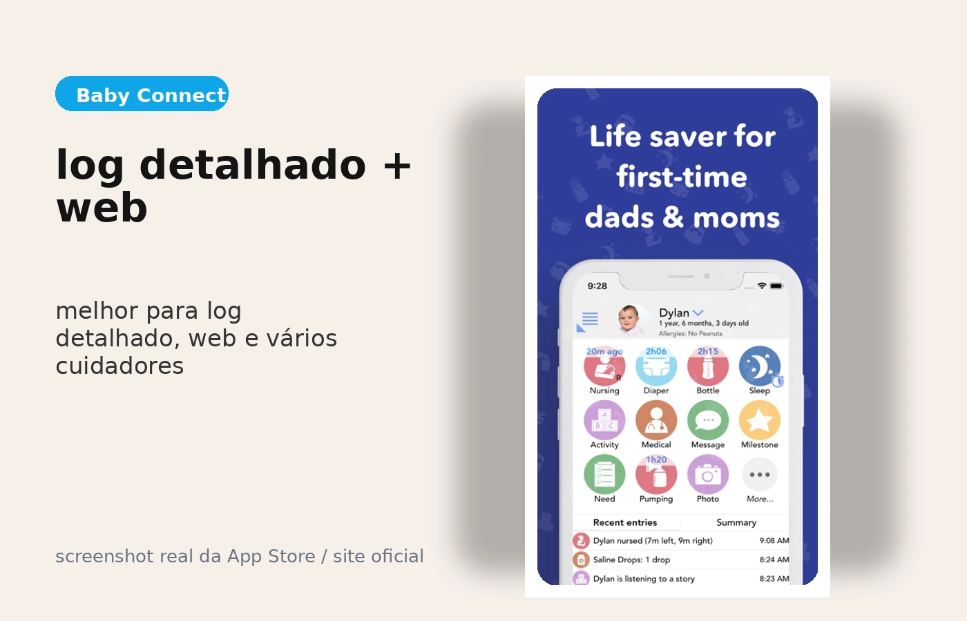 Tela do Baby Connect mostrando log de mamadas, sono e trocas.