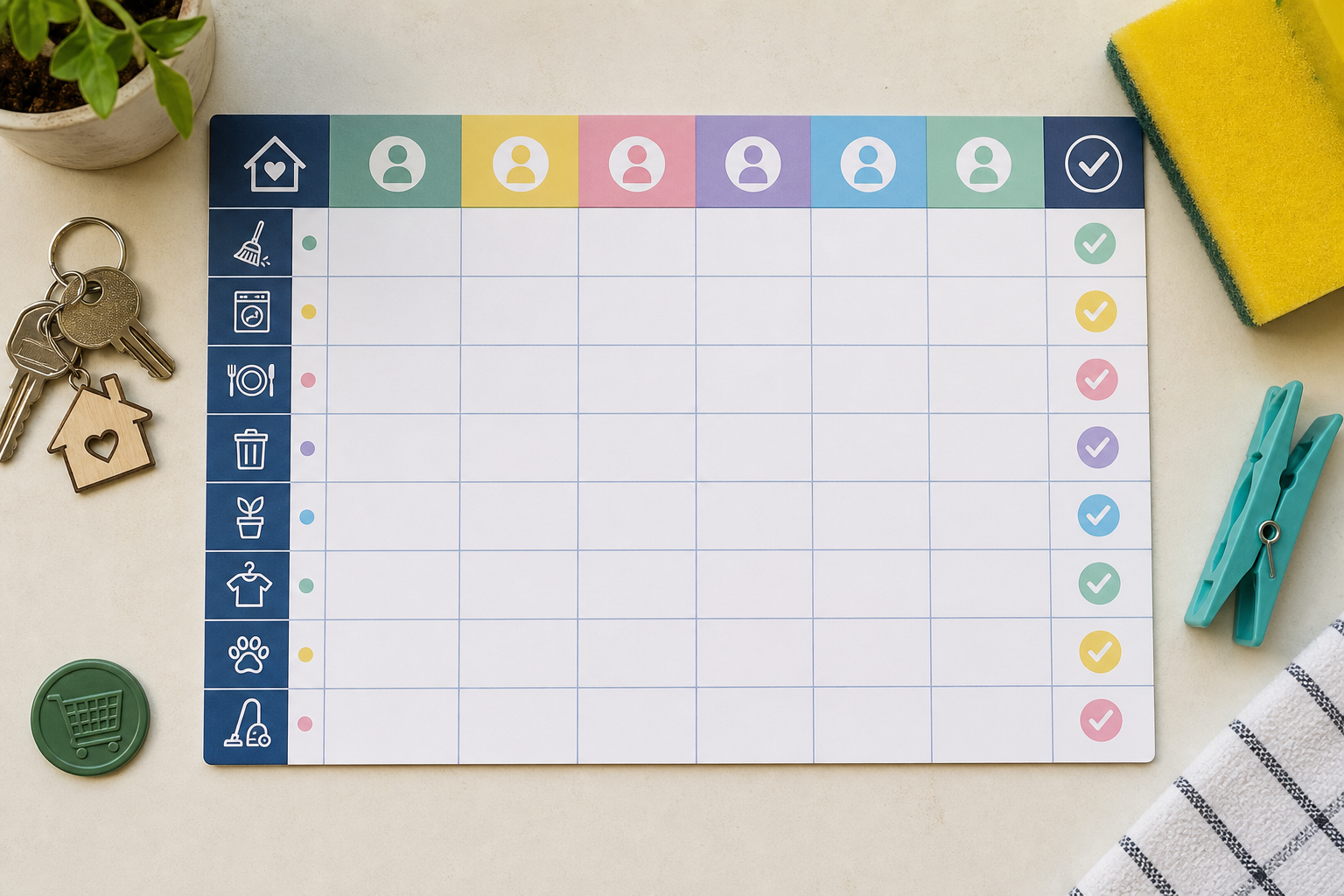 Planner doméstico simples com colunas de dono, gatilho e definição de pronto para tarefas da casa.