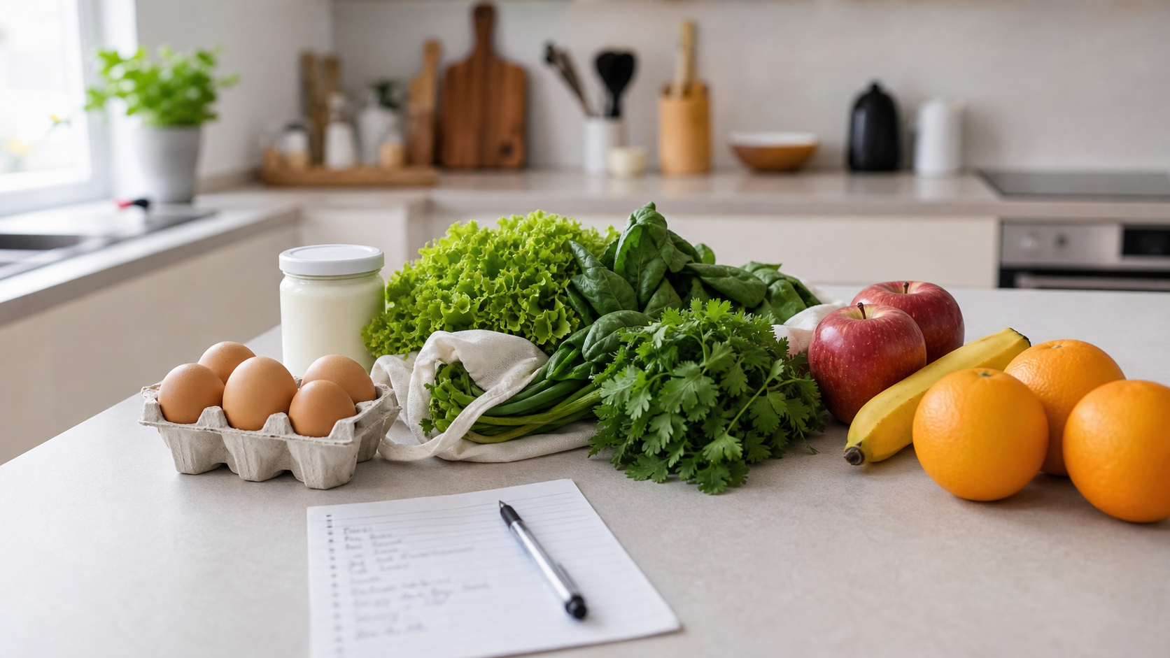 Compra semanal curta com frutas, verduras, ovos e lista pequena de refeições para a semana.