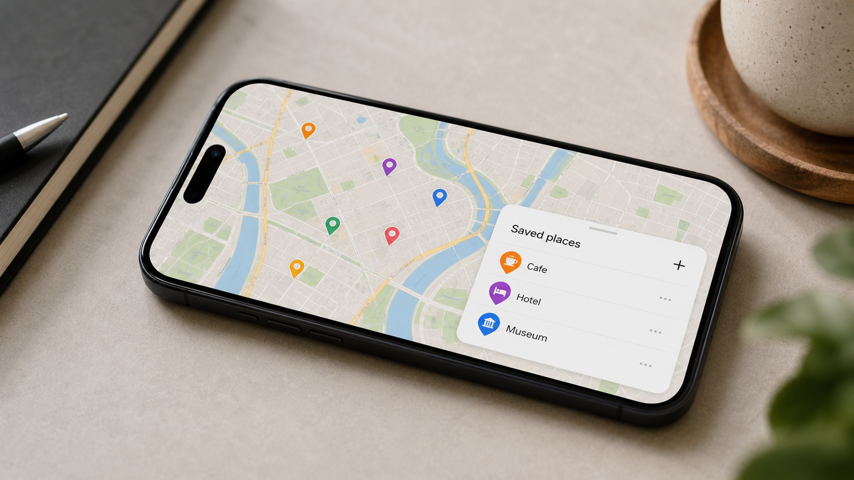 Exemplo de mapa com lugares salvos e organizados para uma viagem no ecossistema Google.