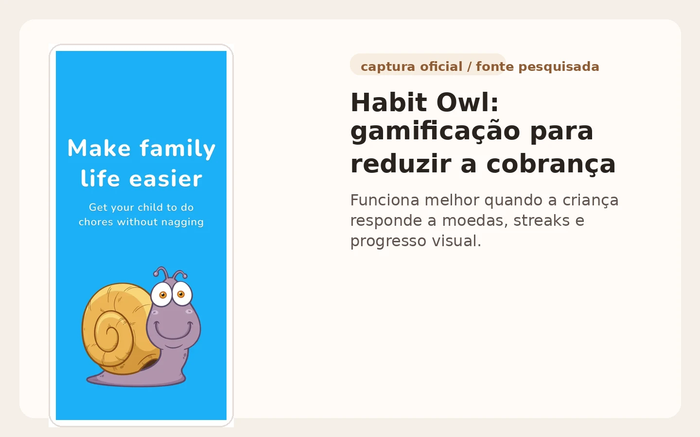 Tela do Habit Owl mostrando tarefas gamificadas com moedas e progresso em streaks.