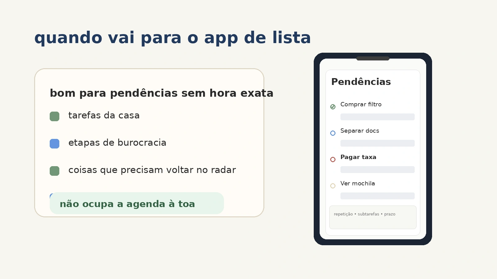 Checklist digital organizado com tarefas da casa, prazos e subtarefas sem ocupar espaço do calendário.