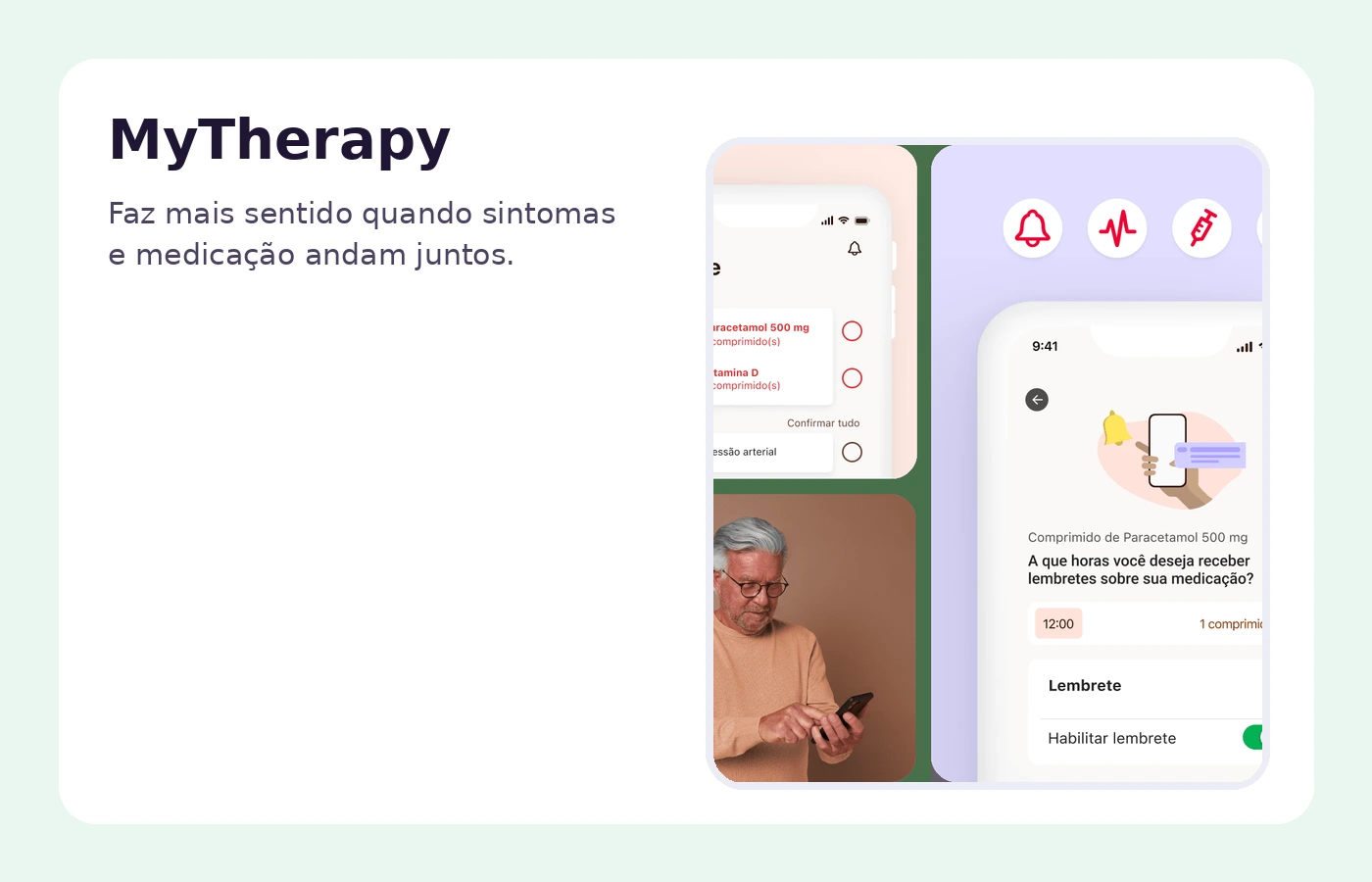 Tela oficial do MyTherapy mostrando lembretes e diário de saúde com medições e sintomas.