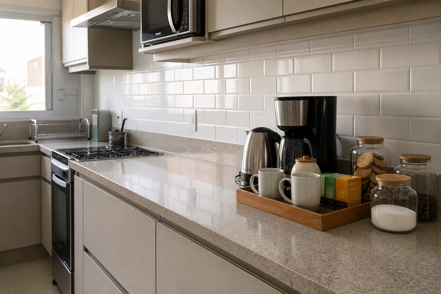 Canto de café com cafeteira, xícaras, potes de café e chá e bancada principal livre para cozinhar.