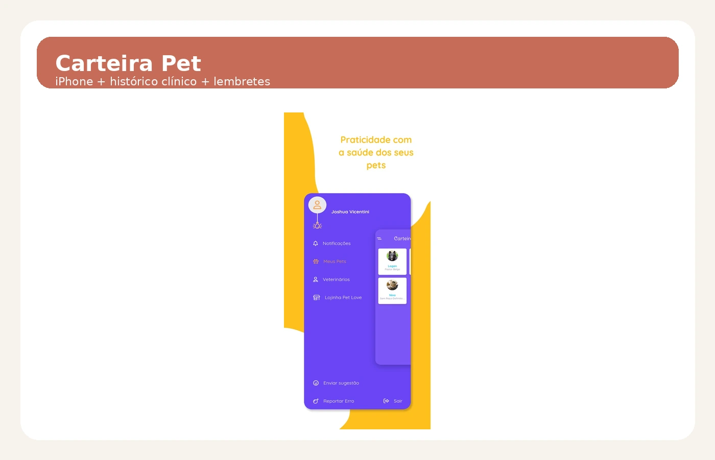 Tela do Carteira Pet no iPhone com histórico clínico, exames e dados do pet organizados no app.
