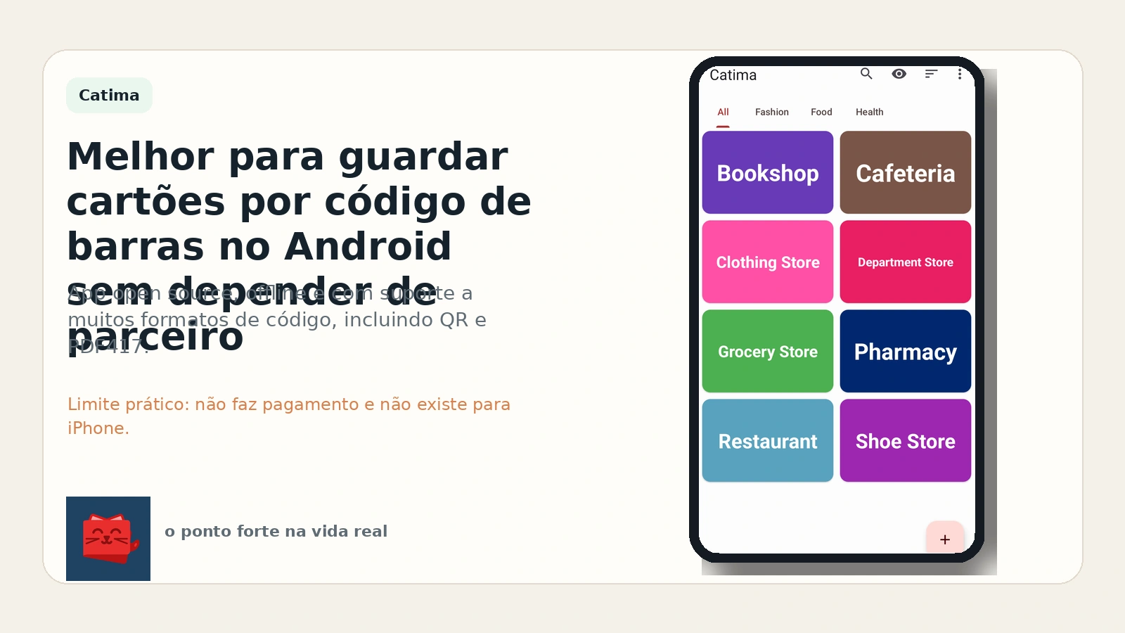 Imagem editorial do app Catima para guardar cartões e códigos de barras no Android.
