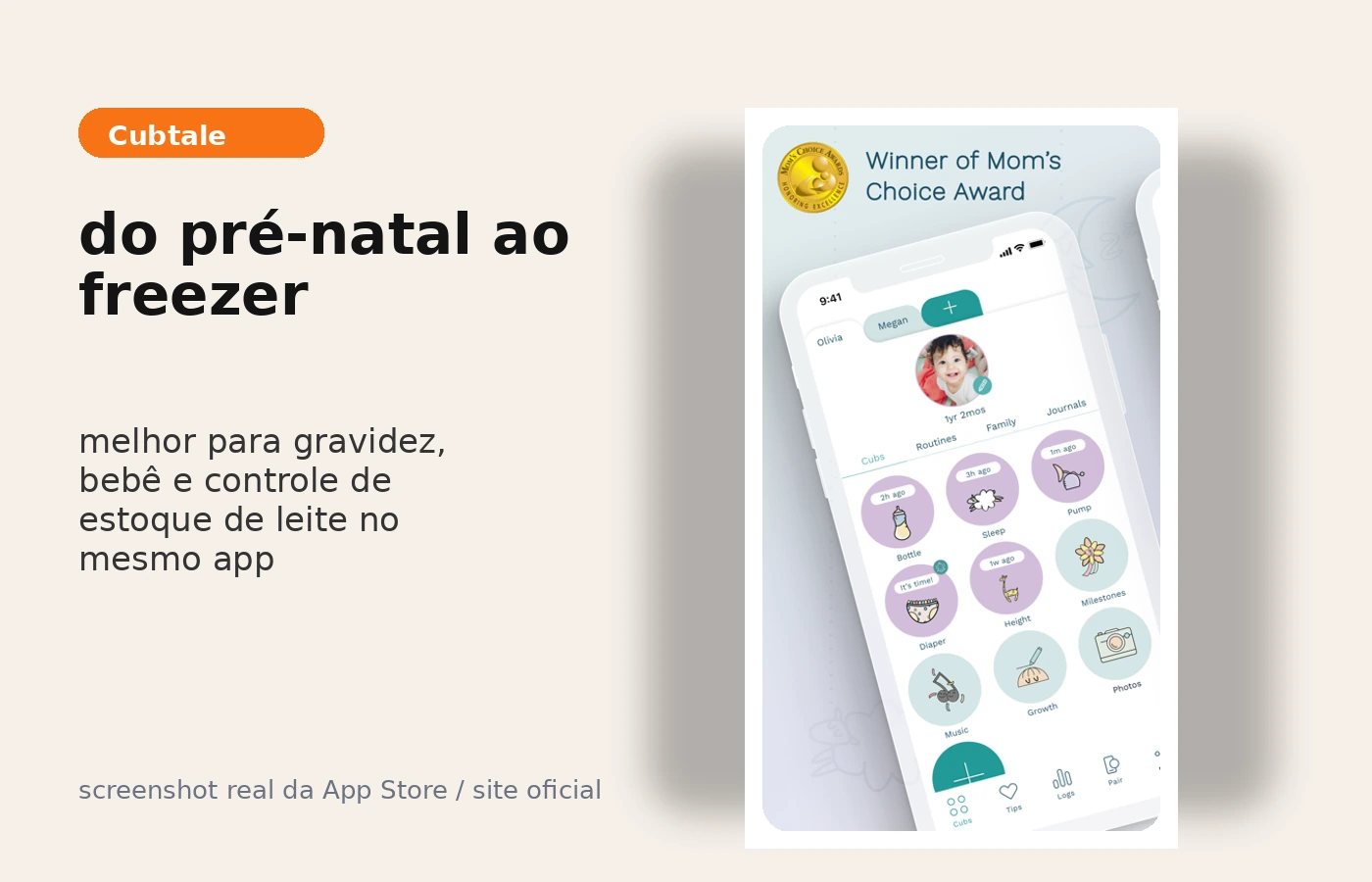 Tela do Cubtale mostrando acompanhamento de bebê e registros de alimentação.