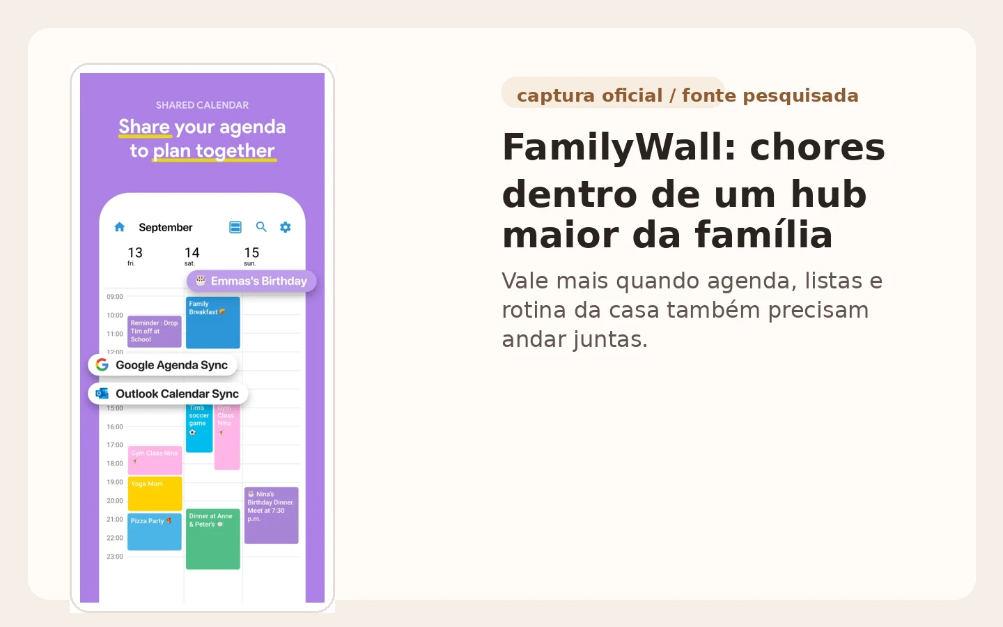 Tela do FamilyWall mostrando agenda familiar e listas compartilhadas no mesmo app.