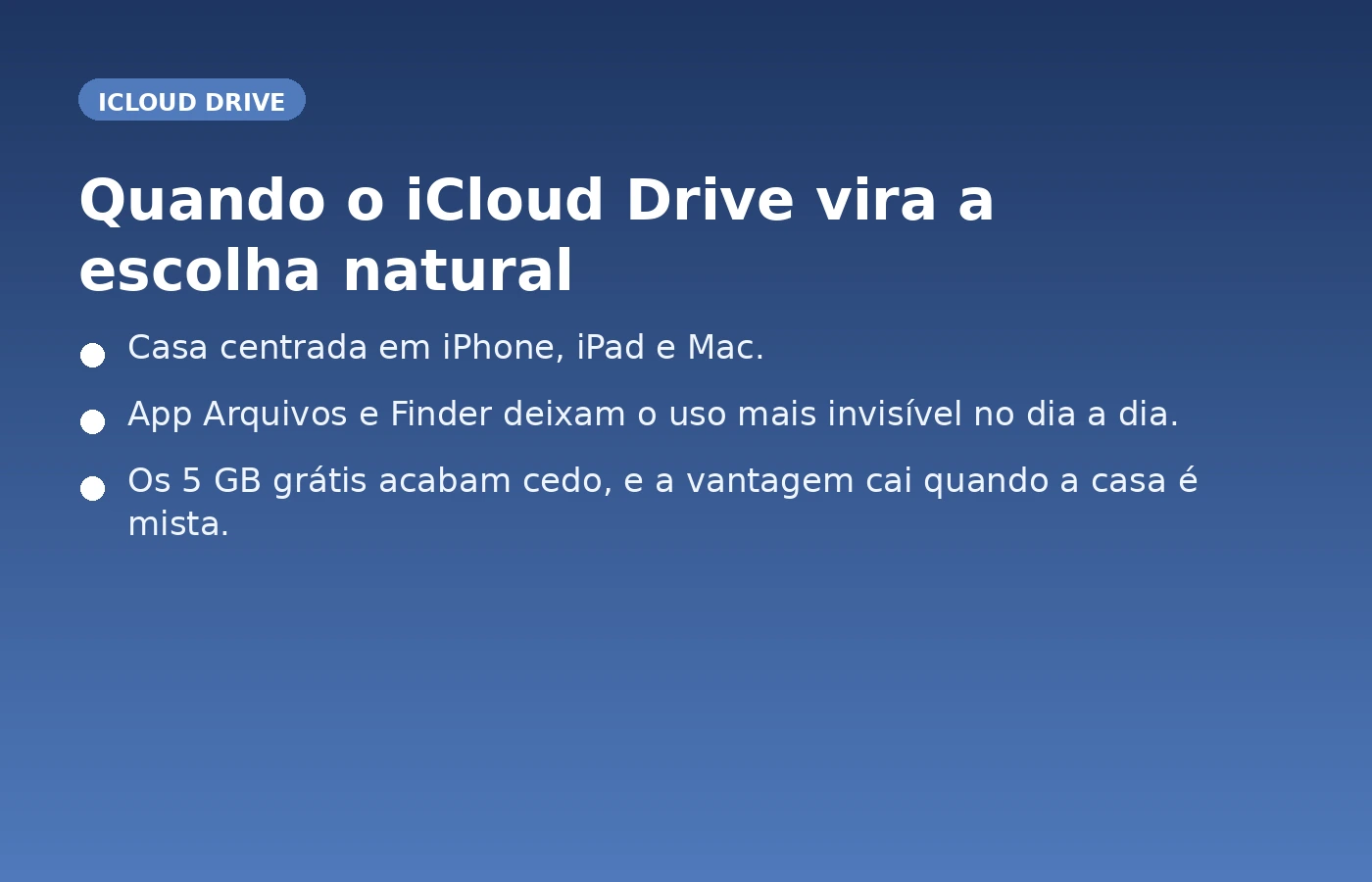 Card resumindo quando o iCloud Drive faz mais sentido para documentos sensíveis da casa.