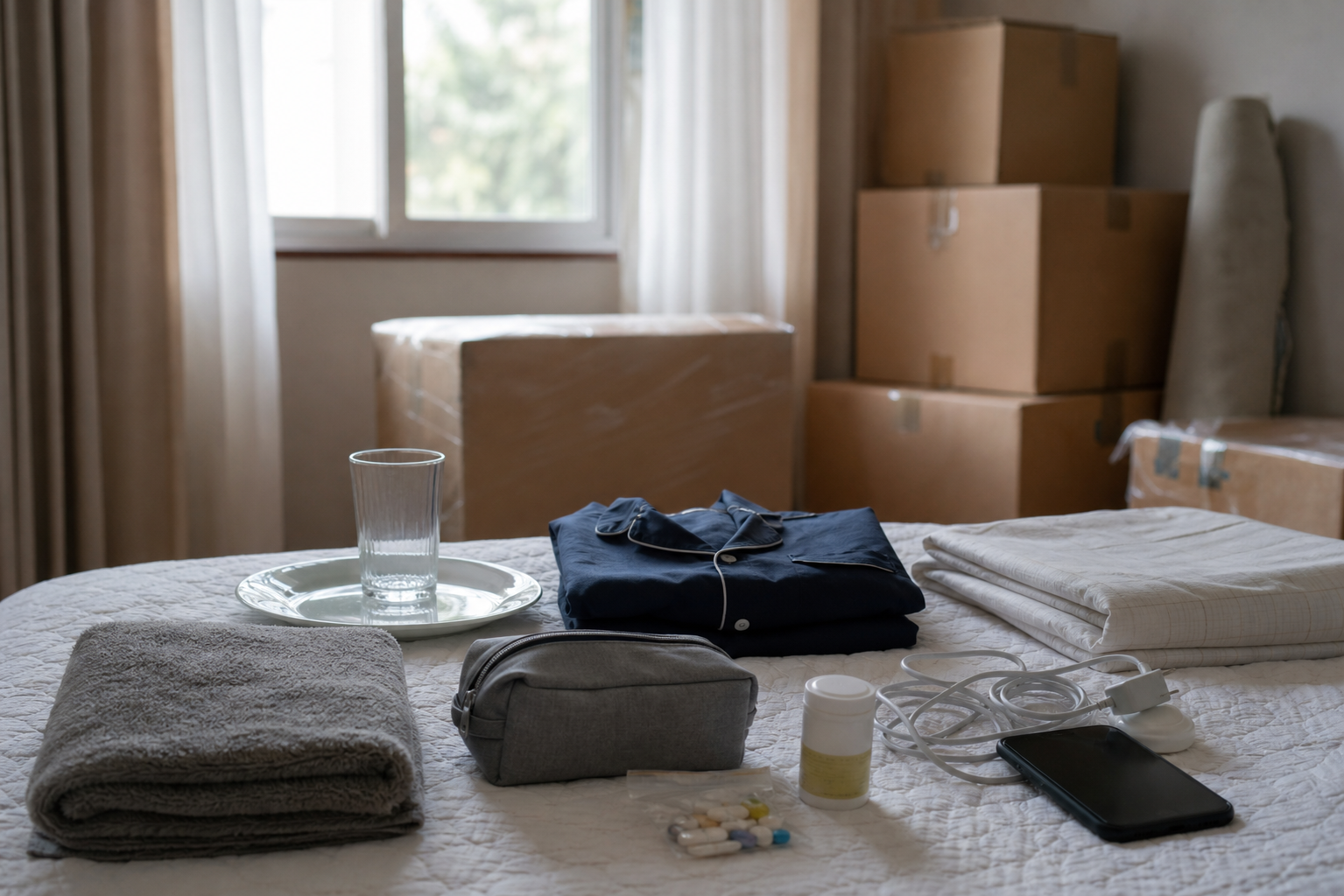 Kit essencial de mudança com itens de higiene, roupa de cama, remédios, carregadores e utensílios básicos separados.