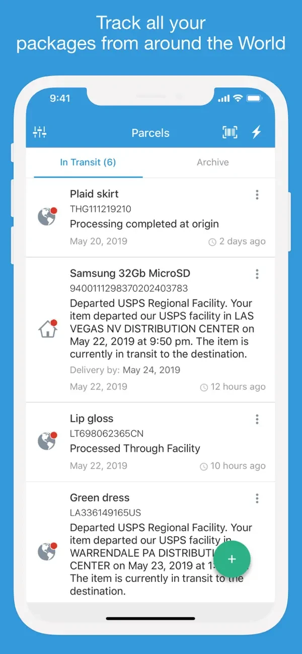 Tela do Parcels com rastreamento de pedidos e entregas no celular.