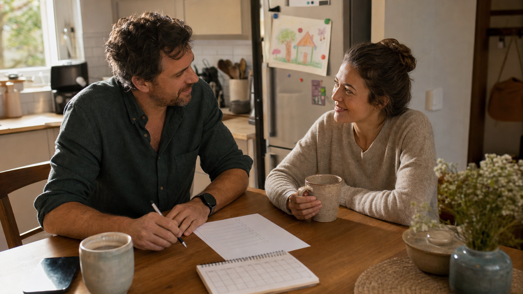 Casal em mesa de cozinha fazendo revisão semanal curta da rotina da casa com checklist enxuto e café.