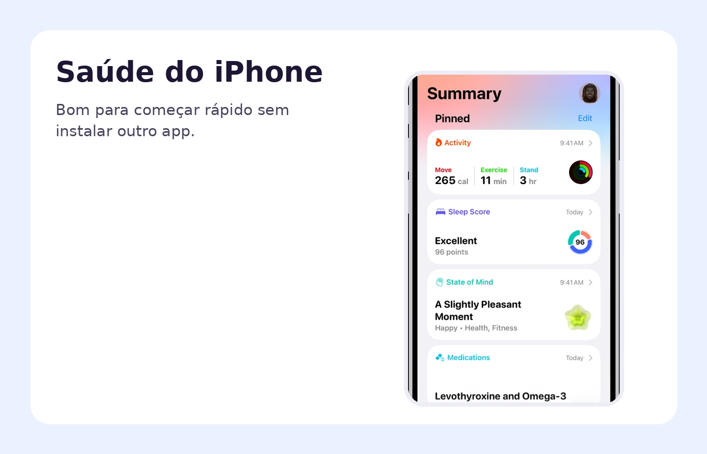 Tela oficial do app Saúde do iPhone mostrando registro de dados de saúde e acompanhamento básico.