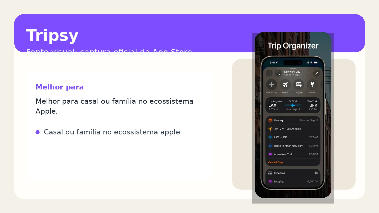 Captura do Tripsy mostrando lista de atividades e detalhes do itinerário.