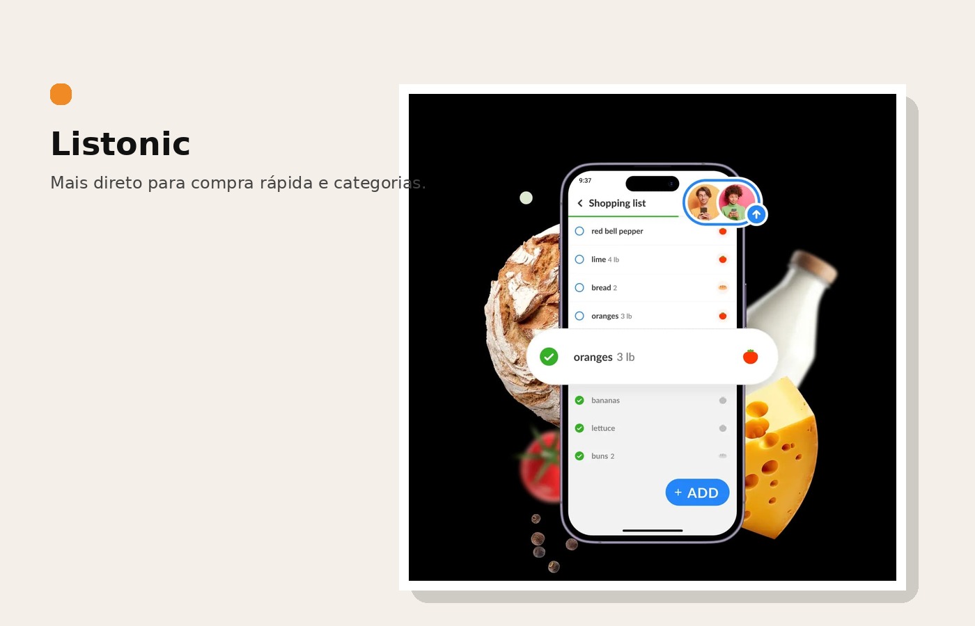 Tela do app Listonic com categorias automáticas e lista de compras organizada no celular.