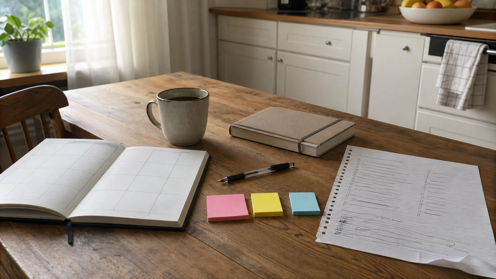 Pessoa em casa transformando uma lista longa e confusa em poucas ações simples sobre a mesa.