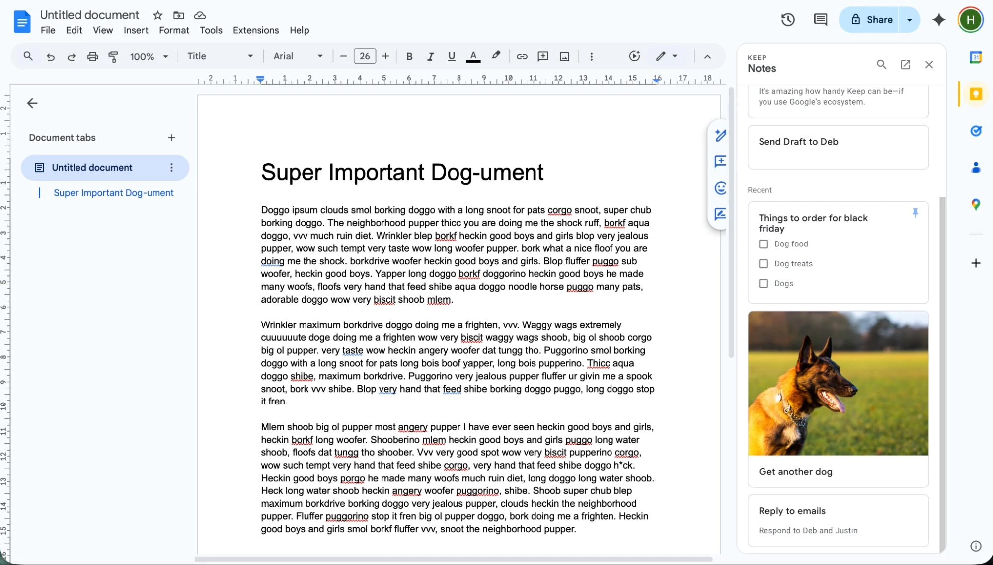 Google Docs com painel lateral do Google Keep aberto para notas rápidas.