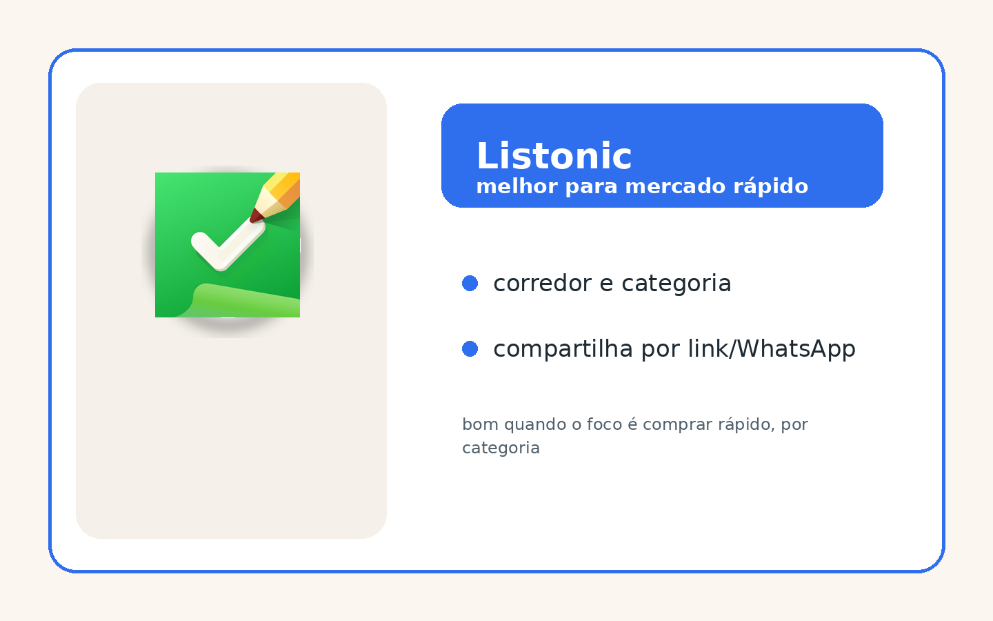 Card do Listonic com ícone oficial e destaque para categorias, corredor e compartilhamento rápido.