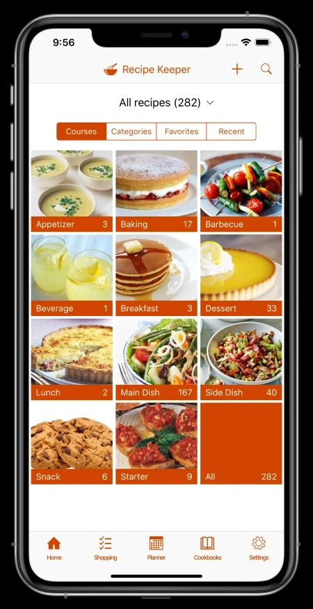 Tela oficial do Recipe Keeper mostrando biblioteca de receitas em diferentes dispositivos.