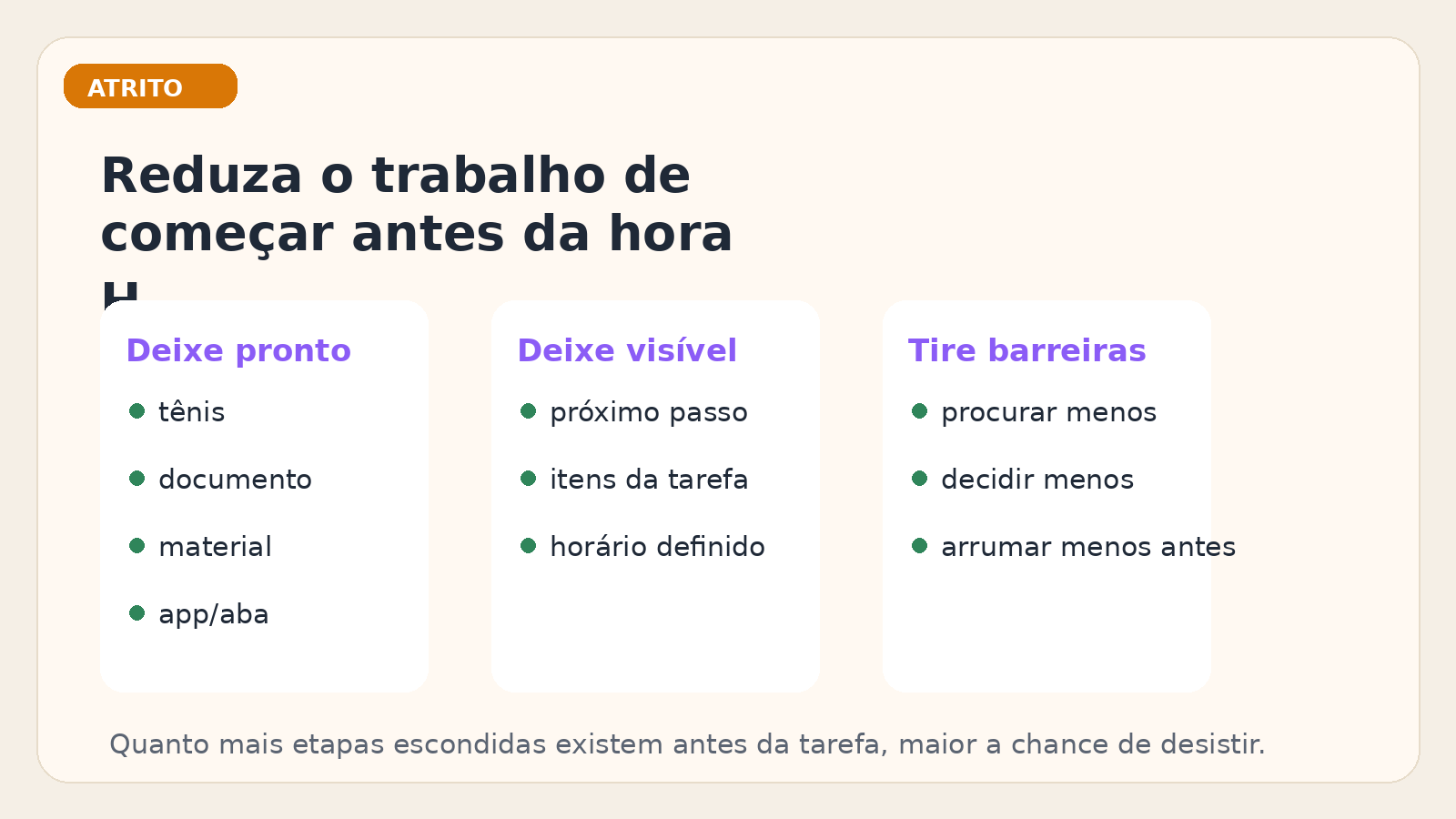 Infográfico com ajustes simples de ambiente para reduzir o atrito antes de uma tarefa.