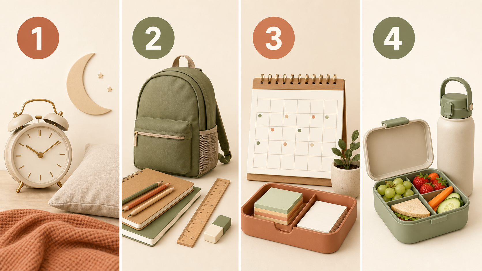 Infográfico com quatro frentes do checklist de volta às aulas: sono, mochila, agenda e lanche.