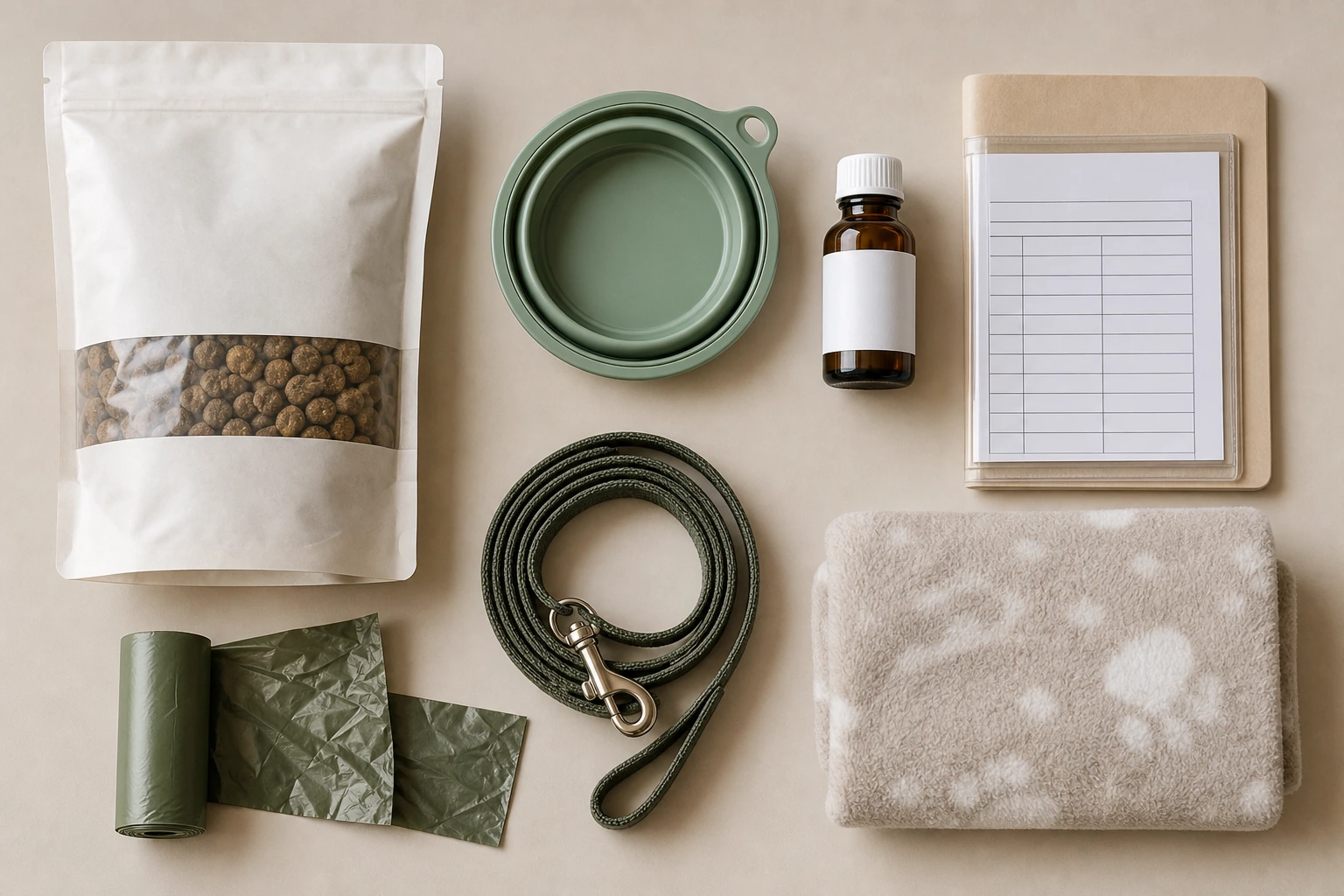Itens essenciais para viajar com pet organizados sobre uma superfície: ração, pote, remédio, guia e documentos.