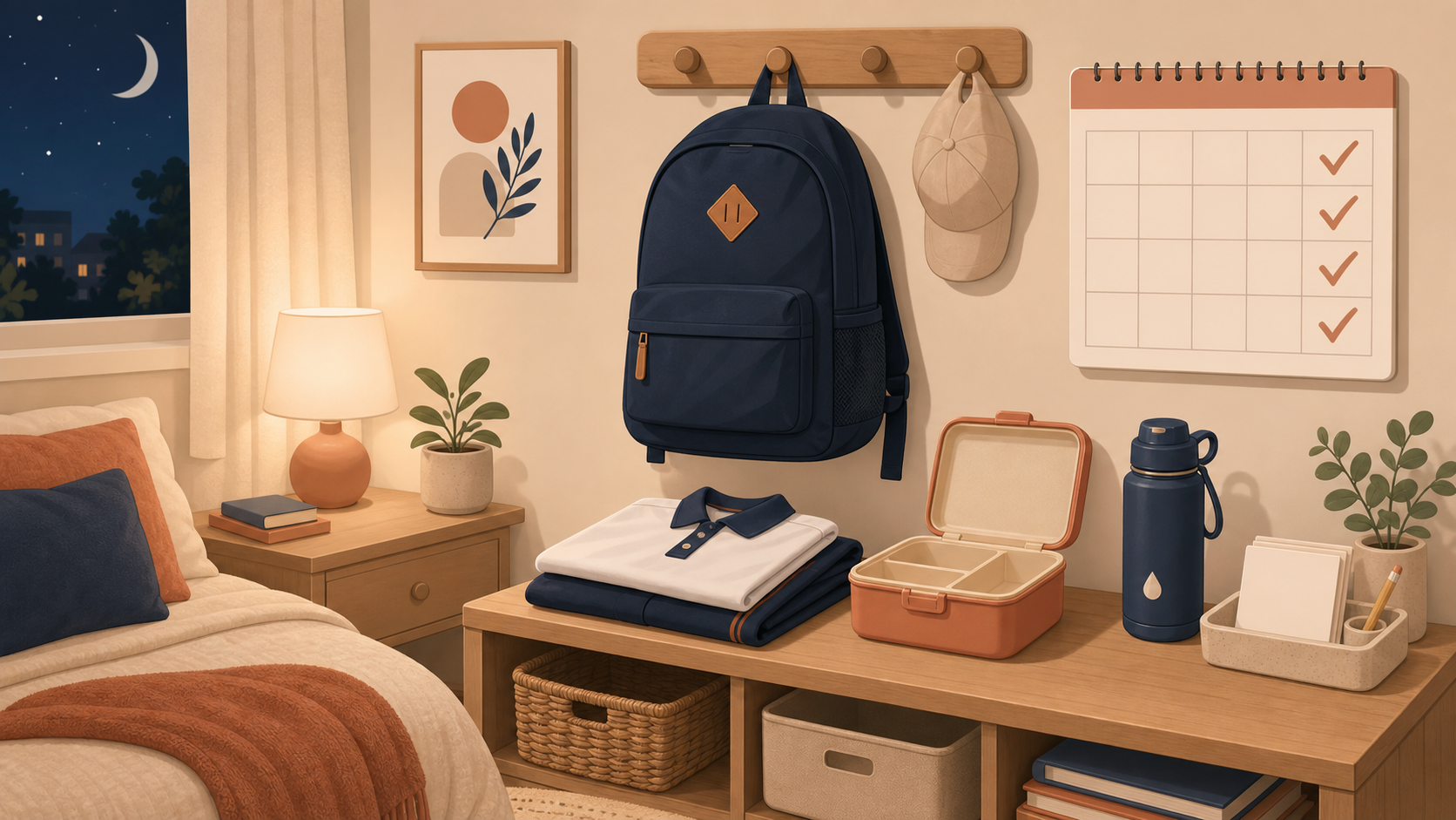 Rotina da noite anterior com uniforme separado, mochila pronta, lancheira limpa e bandeja para papéis da escola.