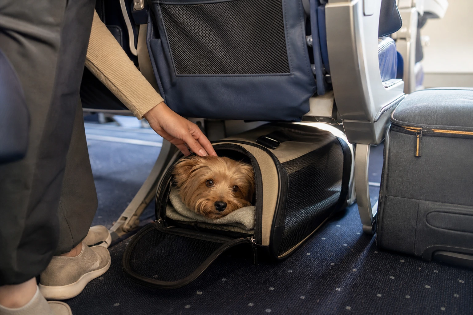 Bolsa de viagem do pet pronta para sair, com documento, remédio, pote e manta separados por função.