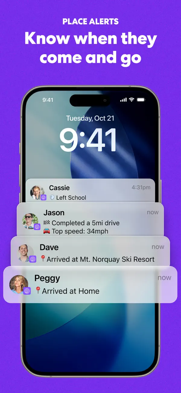 Captura oficial do Life360 mostrando mapa familiar e alertas de lugares.