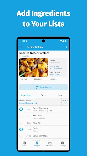 Tela do app AnyList mostrando receita com opção de adicionar ingredientes à lista de compras.