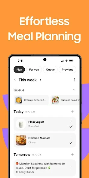 Tela do app Samsung Food mostrando planejamento semanal de refeições.