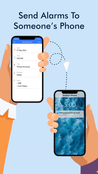 Tela do Galarm mostrando envio de alarme de um celular para outro, com foco em lembrete compartilhado para outra pessoa.
