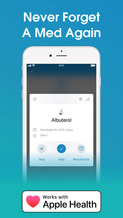 Tela do Medisafe mostrando lembrete de dose, botões para tomar, pular ou reagendar e integração com Apple Health.