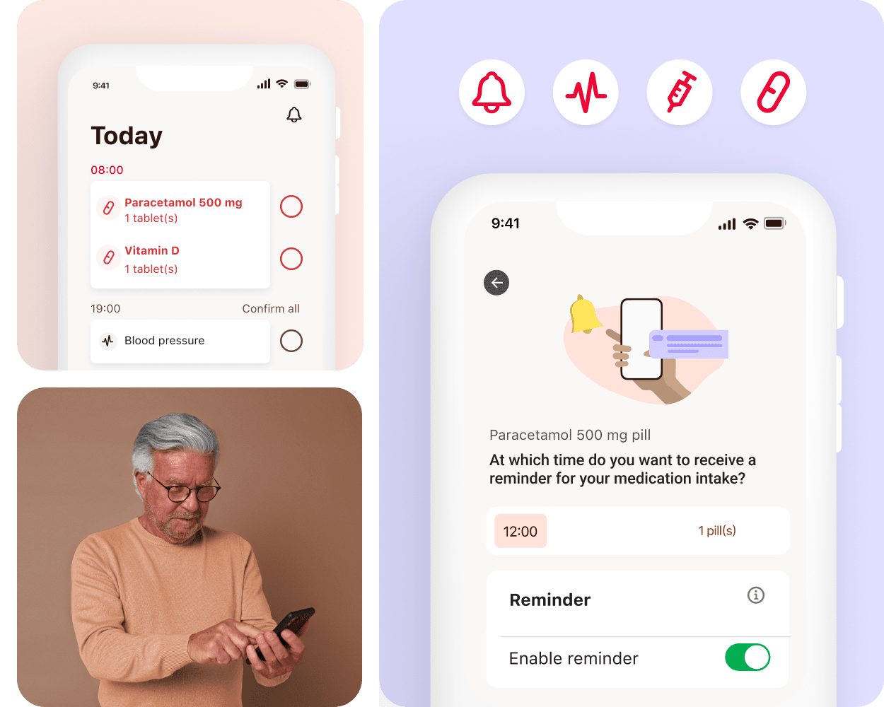 Montagem do MyTherapy com lembretes de medicação, horários, registros de tratamento e uso no celular por pessoa idosa.