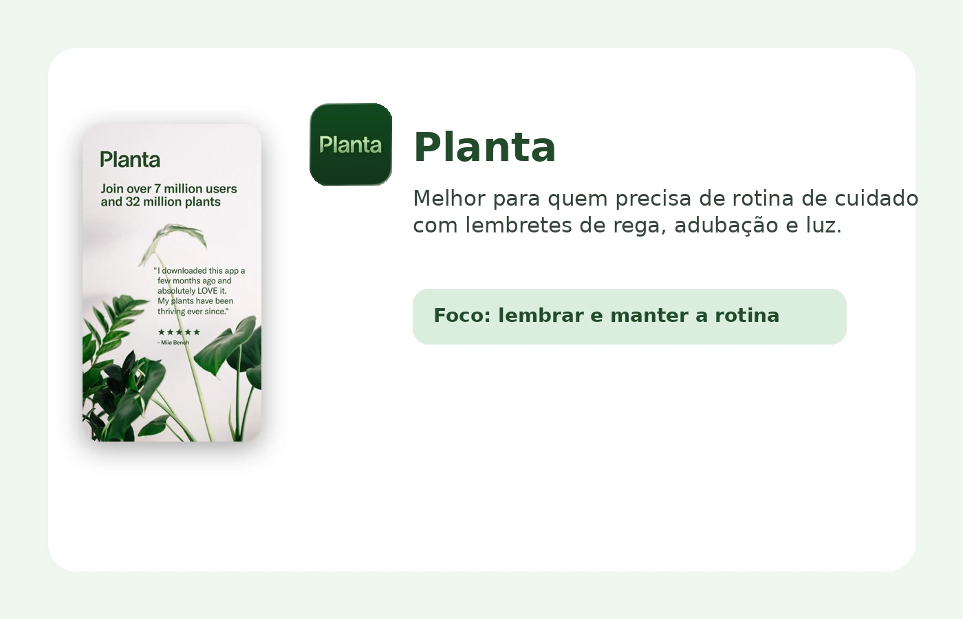 Tela do app Planta com lembretes de cuidados e organização das plantas da casa.